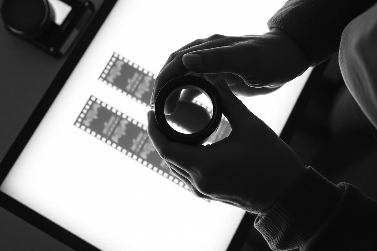 A photographer's hands holding a loupe over a strip of 35mm negatives on a lightbox